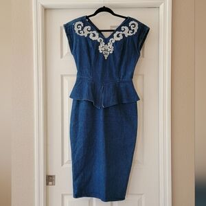 Vintage Young Edwardian denim peplum wiggle dress.